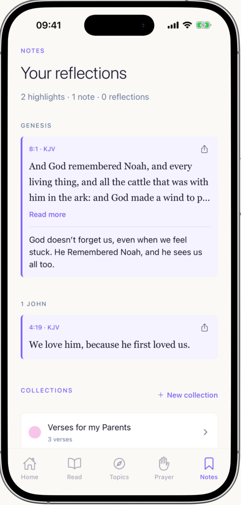 Vespere notes screen showing highlights and verse collections
